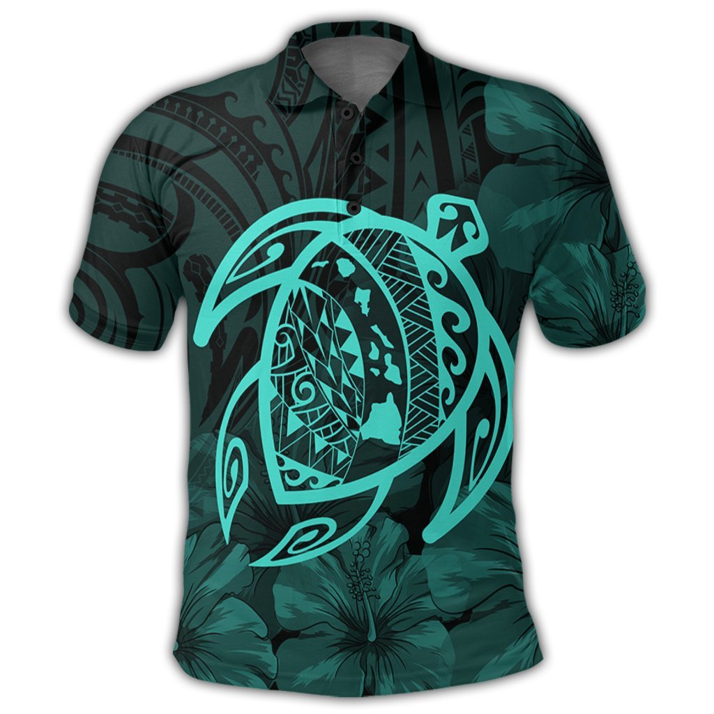 Hawaiian Map Turtle Kanaka Hibiscus Polynesian Polo Shirt Turquoise - Polynesian Pride