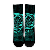 Hawaiian Map Turtle Kanaka Hibiscus Polynesian Crew Socks - Turquoise - AH - Polynesian Pride