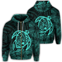 Hawaiian Map Turtle Kanaka Hibiscus Polynesian Zip Hoodie Turquoise Unisex Art - Polynesian Pride