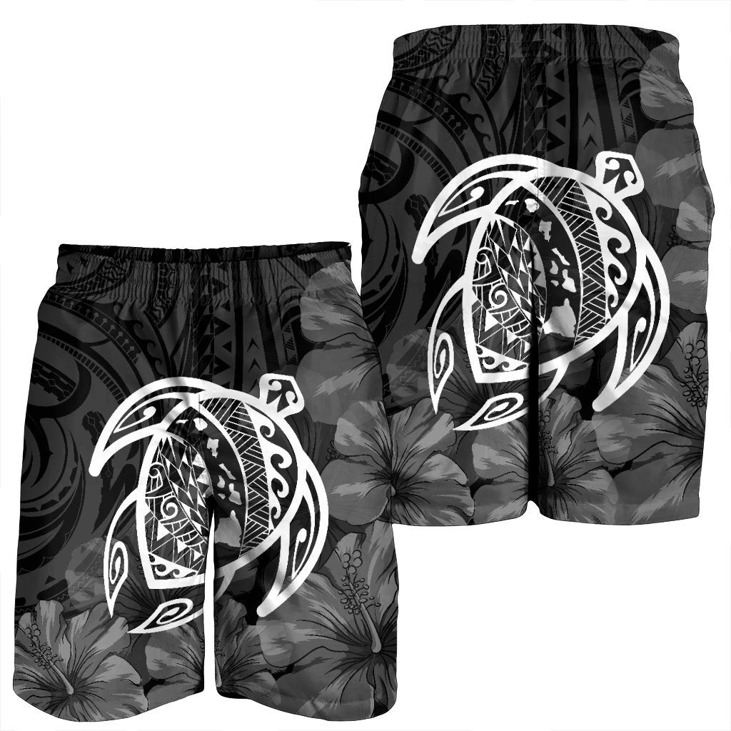 Hawaiian Map Turtle Kanaka Hibiscus Polynesian Men's Shorts - White - AH - Polynesian Pride