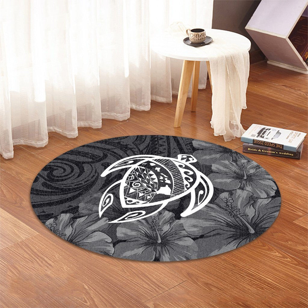 Hawaiian Map Turtle Kanaka Hibiscus Polynesian Round Carpet - White - AH - Polynesian Pride