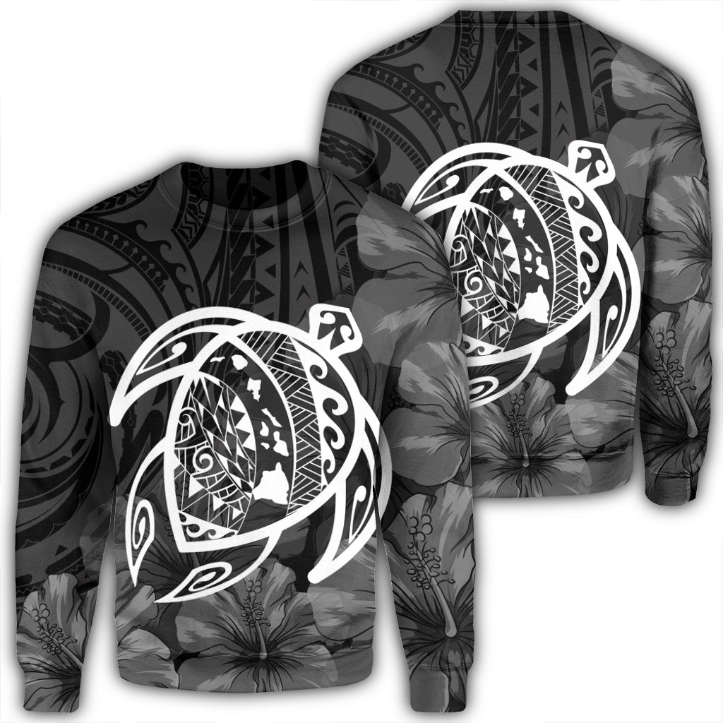 Hawaiian Map Turtle Kanaka Hibiscus Polynesian Sweatshirt - White - AH Unisex Black - Polynesian Pride