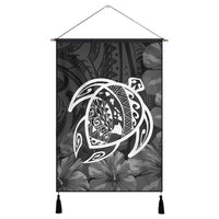 Hawaiian Map Turtle Kanaka Hibiscus Polynesian Hanging Poster - White - AH Hanging Poster Cotton And Linen - Polynesian Pride