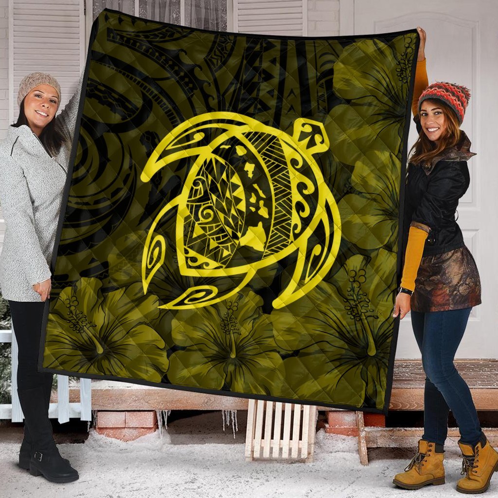 Hawaiian Map Turtle Kanaka Hibiscus Polynesian Premium Quilts - Yellow - AH - Polynesian Pride