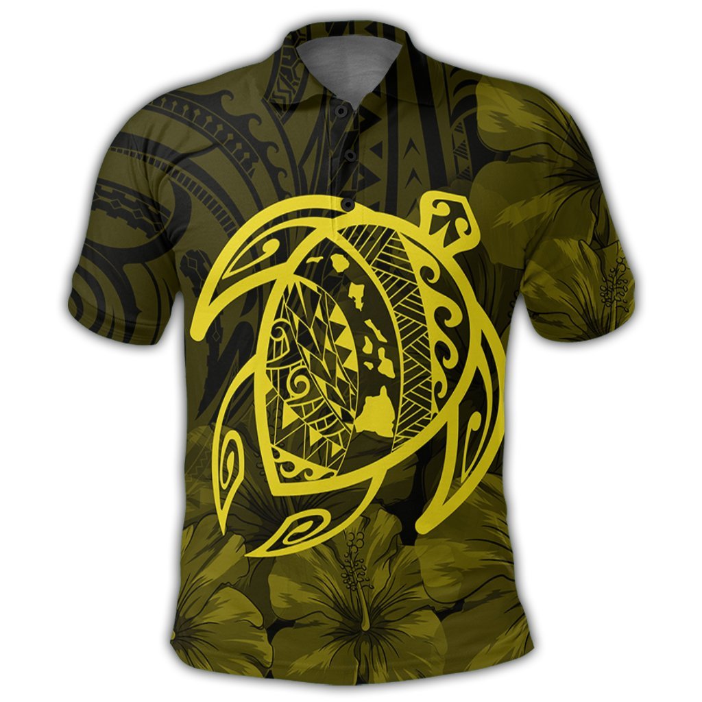 Hawaiian Map Turtle Kanaka Hibiscus Polynesian Polo Shirt Yellow - Polynesian Pride
