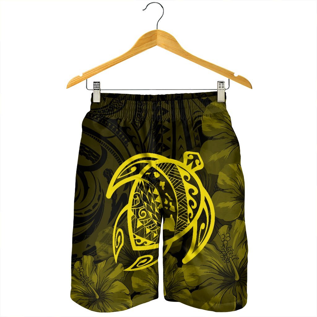 Hawaiian Map Turtle Kanaka Hibiscus Polynesian Men's Shorts - Yellow - AH - Polynesian Pride