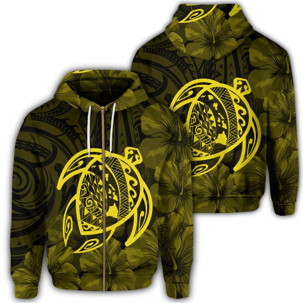 Hawaiian Map Turtle Kanaka Hibiscus Polynesian Zip Hoodie Yellow Unisex Art - Polynesian Pride