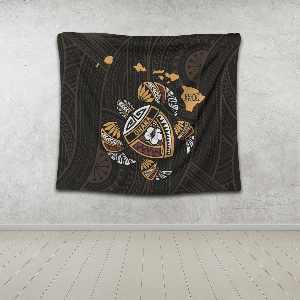 Hawaiian Map Turtle Ohana Hibicus Polynesian Tapestry - AH - Polynesian Pride