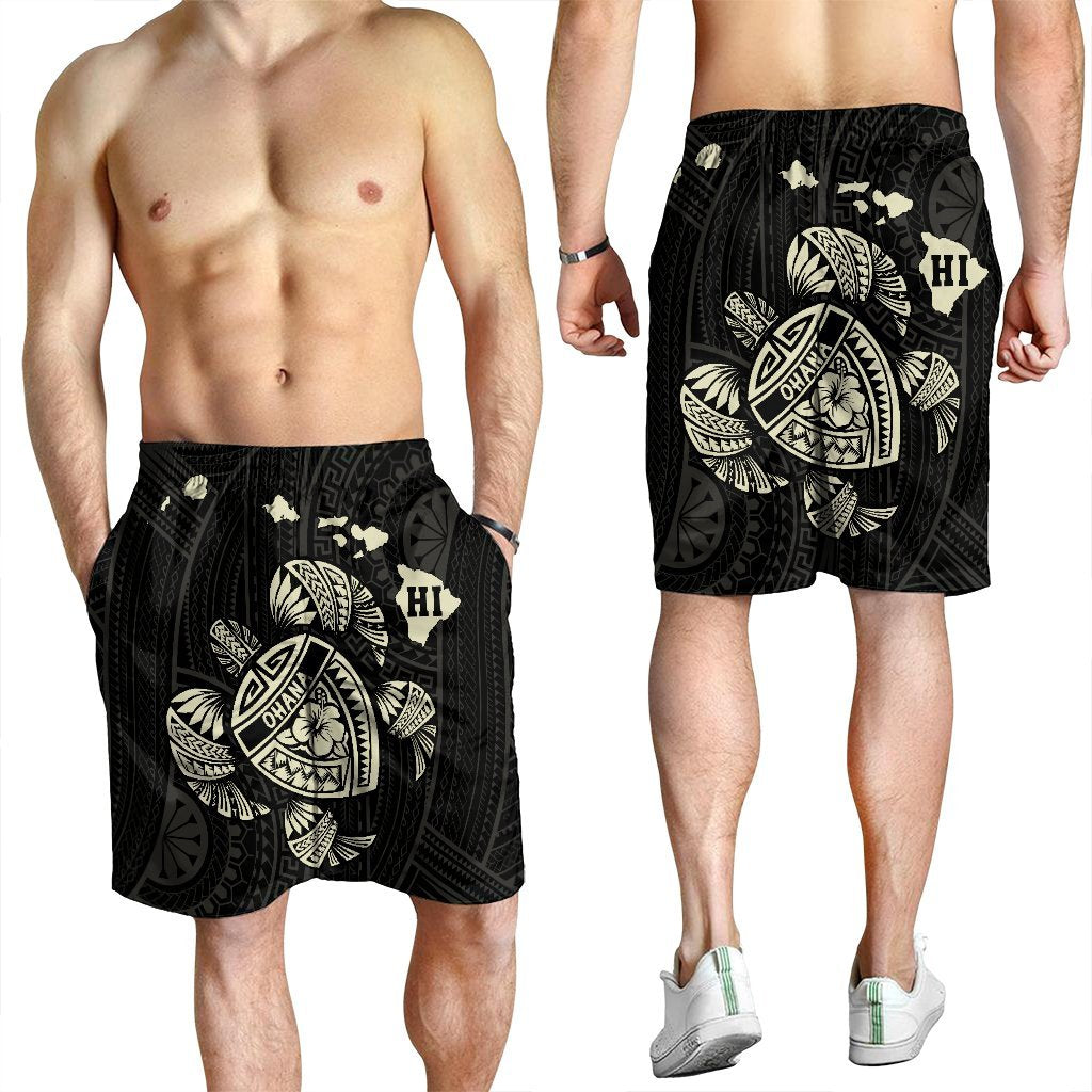 Hawaiian Map Turtle Ohana Hibicus Polynesian Men's Shorts - Beige - AH - Polynesian Pride