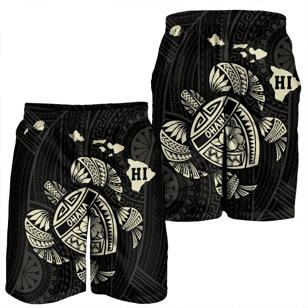 Hawaiian Map Turtle Ohana Hibicus Polynesian Men's Shorts - Beige - AH - Polynesian Pride