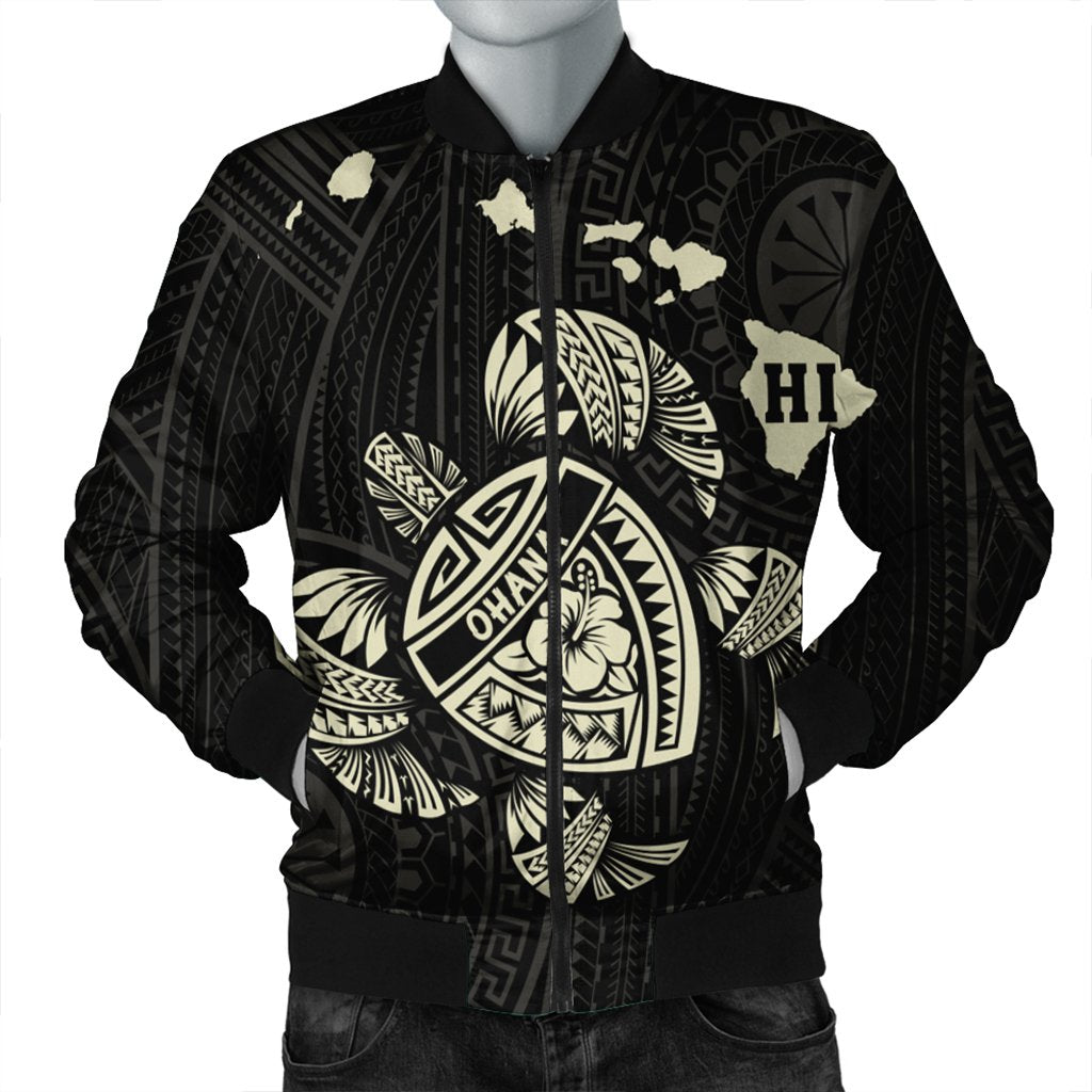 Hawaiian Map Turtle Ohana Hibicus Polynesian Bomber Jacket - Beige - AH Black Unisex - Polynesian Pride