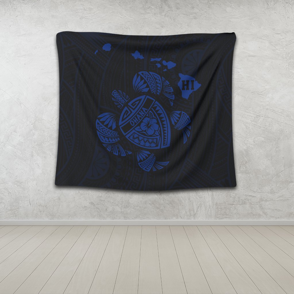 Hawaiian Map Turtle Ohana Hibicus Polynesian Tapestry - Blue - AH - Polynesian Pride