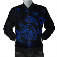 Hawaiian Map Turtle Ohana Hibicus Polynesian Bomber Jacket - Blue - AH Black Unisex - Polynesian Pride