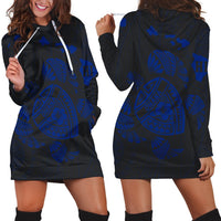 Hawaiian Map Turtle Ohana Hibicus Polynesian Hoodie Dress - Blue - AH Black - Polynesian Pride