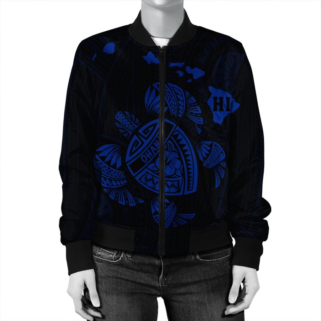 Hawaiian Map Turtle Ohana Hibicus Polynesian Bomber Jacket - Blue - AH - Polynesian Pride
