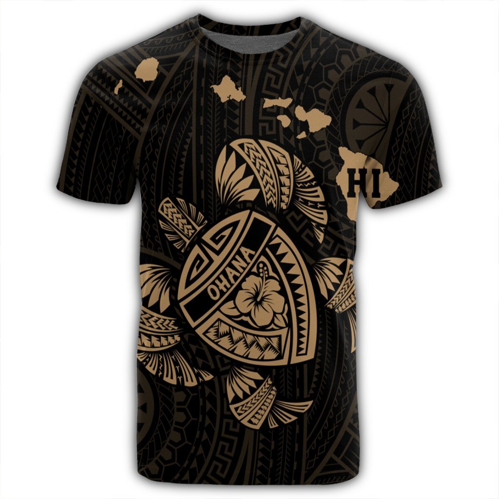 Hawaiian Map Turtle Ohana Hibicus Polynesian T Shirt Gold AH - Polynesian Pride