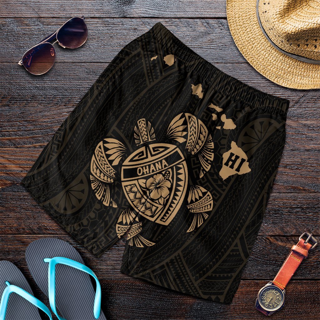 Hawaiian Map Turtle Ohana Hibicus Polynesian Men's Shorts - Gold - AH Art - Polynesian Pride