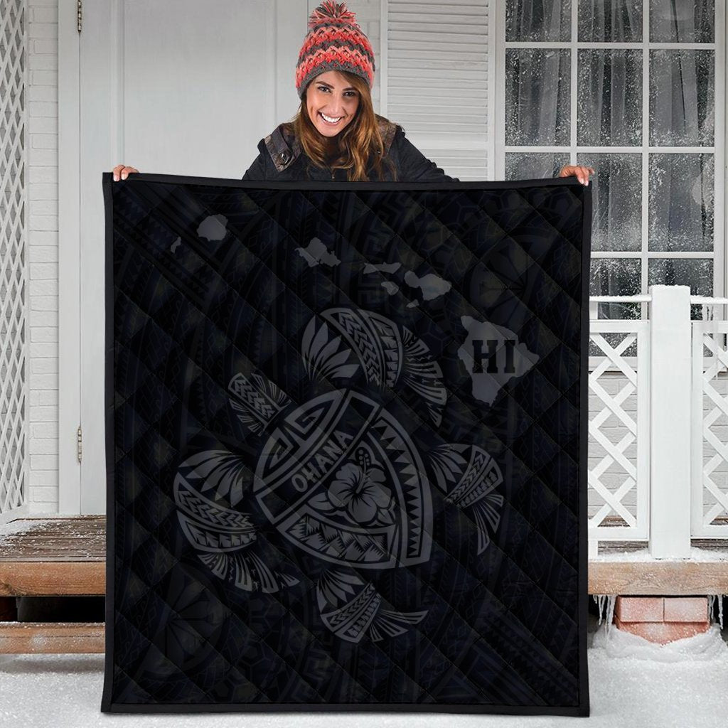 Hawaiian Map Turtle Ohana Hibicus Polynesian Premium Quilts - Gray - AH - Polynesian Pride
