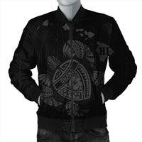 Hawaiian Map Turtle Ohana Hibicus Polynesian Bomber Jacket - Gray - AH Black Unisex - Polynesian Pride