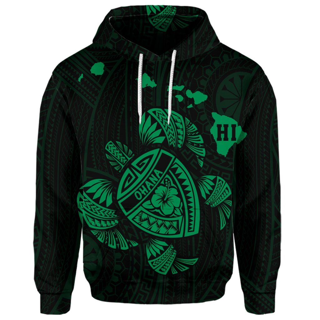 Custom Hawaiian Map Turtle Ohana Hibicus Polynesian Hoodie Green - Polynesian Pride