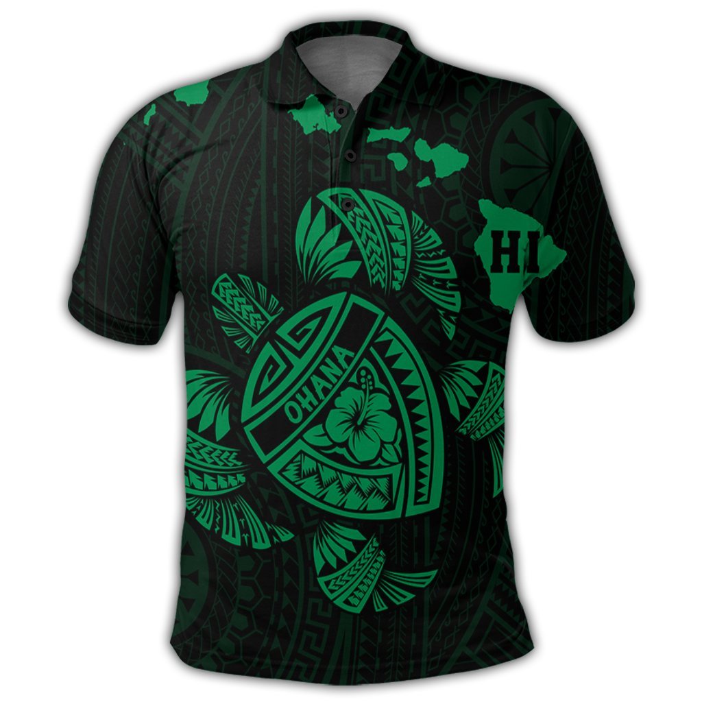 Hawaiian Map Turtle Ohana Hibicus Polynesian Polo Shirt Green - Polynesian Pride