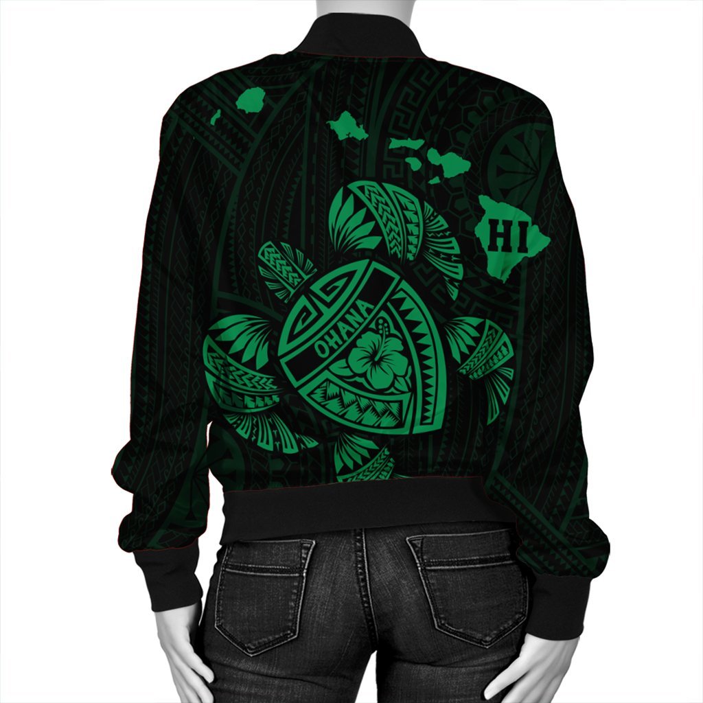 Hawaiian Map Turtle Ohana Hibicus Polynesian Bomber Jacket - Green - AH - Polynesian Pride