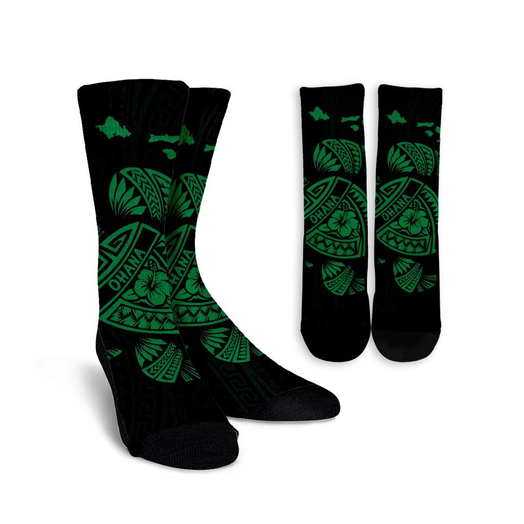 Hawaiian Map Turtle Ohana Hibicus Polynesian Crew Socks - Green - AH Crew Socks White - Polynesian Pride