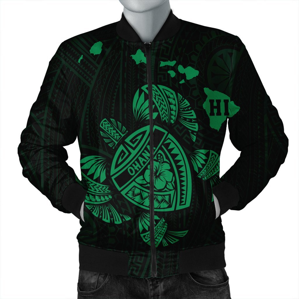 Hawaiian Map Turtle Ohana Hibicus Polynesian Bomber Jacket - Green - AH Black Unisex - Polynesian Pride