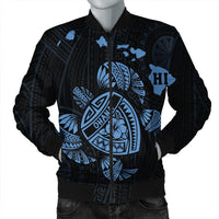 Hawaiian Map Turtle Ohana Hibicus Polynesian Bomber Jacket - Pastel Blue - AH Black Unisex - Polynesian Pride
