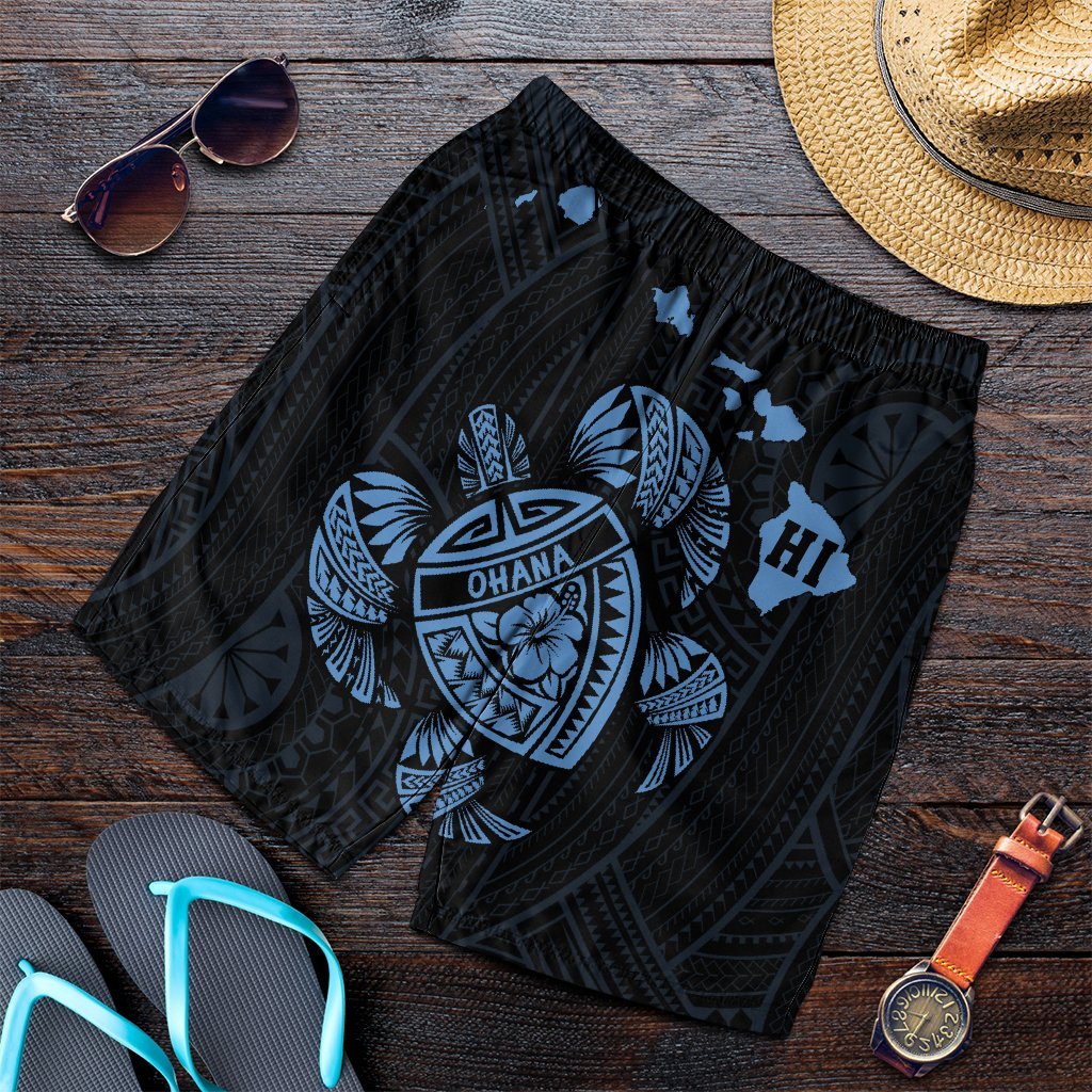 Hawaiian Map Turtle Ohana Hibicus Polynesian Men's Shorts - Pastel Blue - AH Art - Polynesian Pride