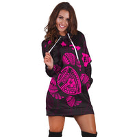 Hawaiian Map Turtle Ohana Hibicus Polynesian Hoodie Dress - Pink - AH - Polynesian Pride