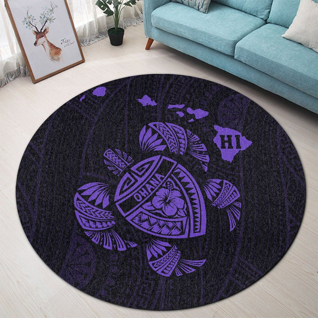 Hawaiian Map Turtle Ohana Hibicus Polynesian Round Carpet - Purple - AH - Polynesian Pride