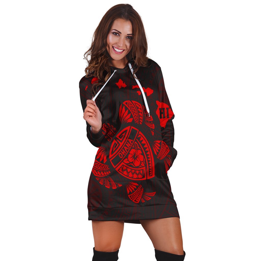 Hawaiian Map Turtle Ohana Hibicus Polynesian Hoodie Dress - Red - AH - Polynesian Pride