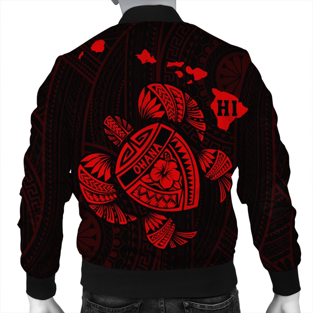 Hawaiian Map Turtle Ohana Hibicus Polynesian Bomber Jacket - Red - AH - Polynesian Pride
