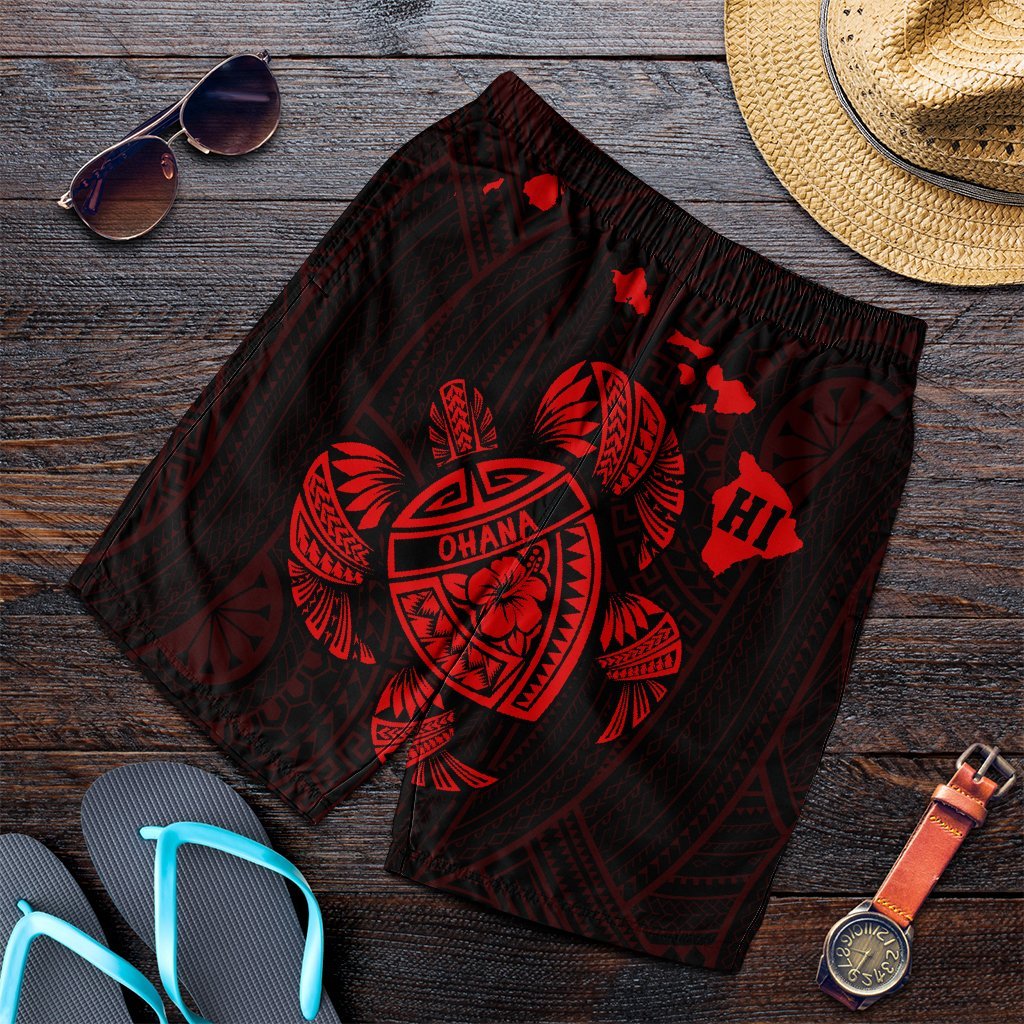 Hawaiian Map Turtle Ohana Hibicus Polynesian Men's Shorts - Red - AH Art - Polynesian Pride