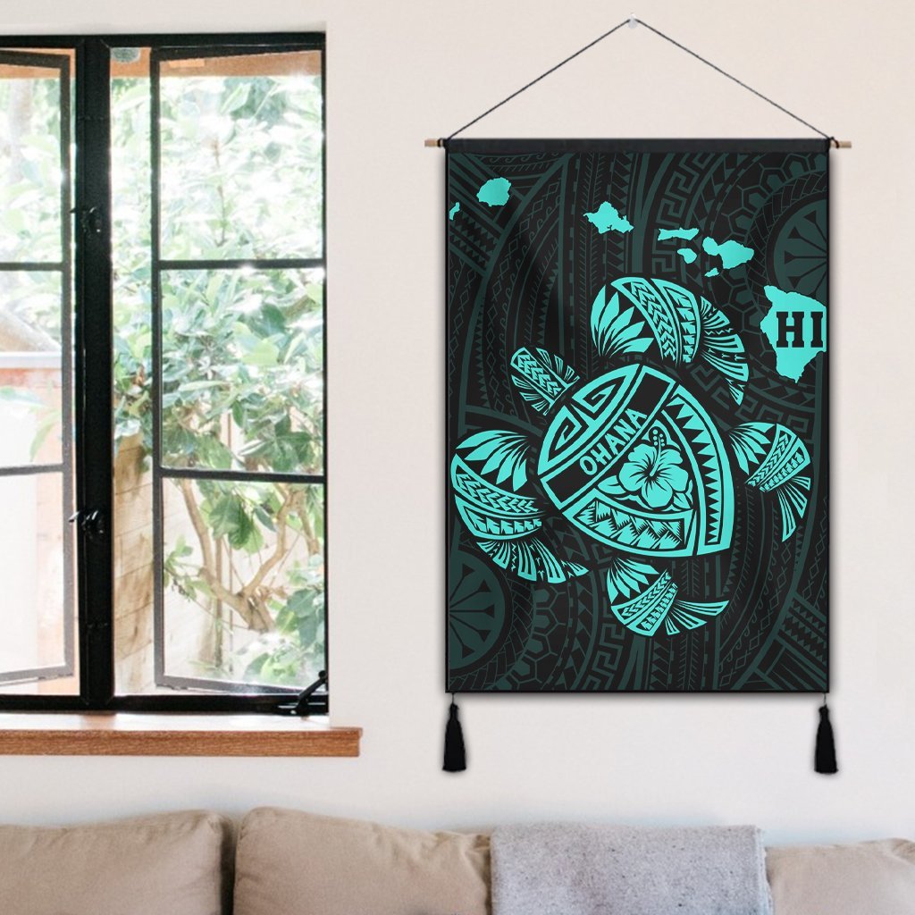 Hawaiian Map Turtle Ohana Hibicus Polynesian Hanging Poster - Turquoise - AH - Polynesian Pride