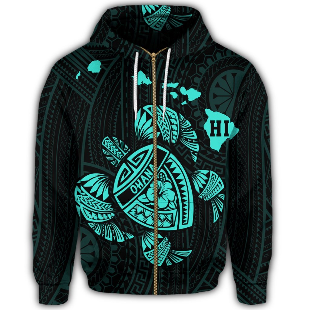 Hawaiian Map Turtle Ohana Hibicus Polynesian Zip Hoodie Turquoise - Polynesian Pride