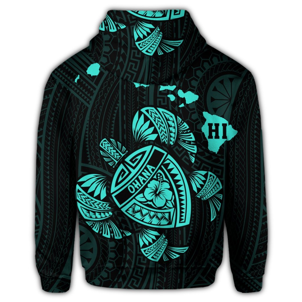 Hawaiian Map Turtle Ohana Hibicus Polynesian Zip Hoodie Turquoise - Polynesian Pride