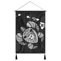 Hawaiian Map Turtle Ohana Hibicus Polynesian Hanging Poster - White - AH Hanging Poster Cotton And Linen - Polynesian Pride