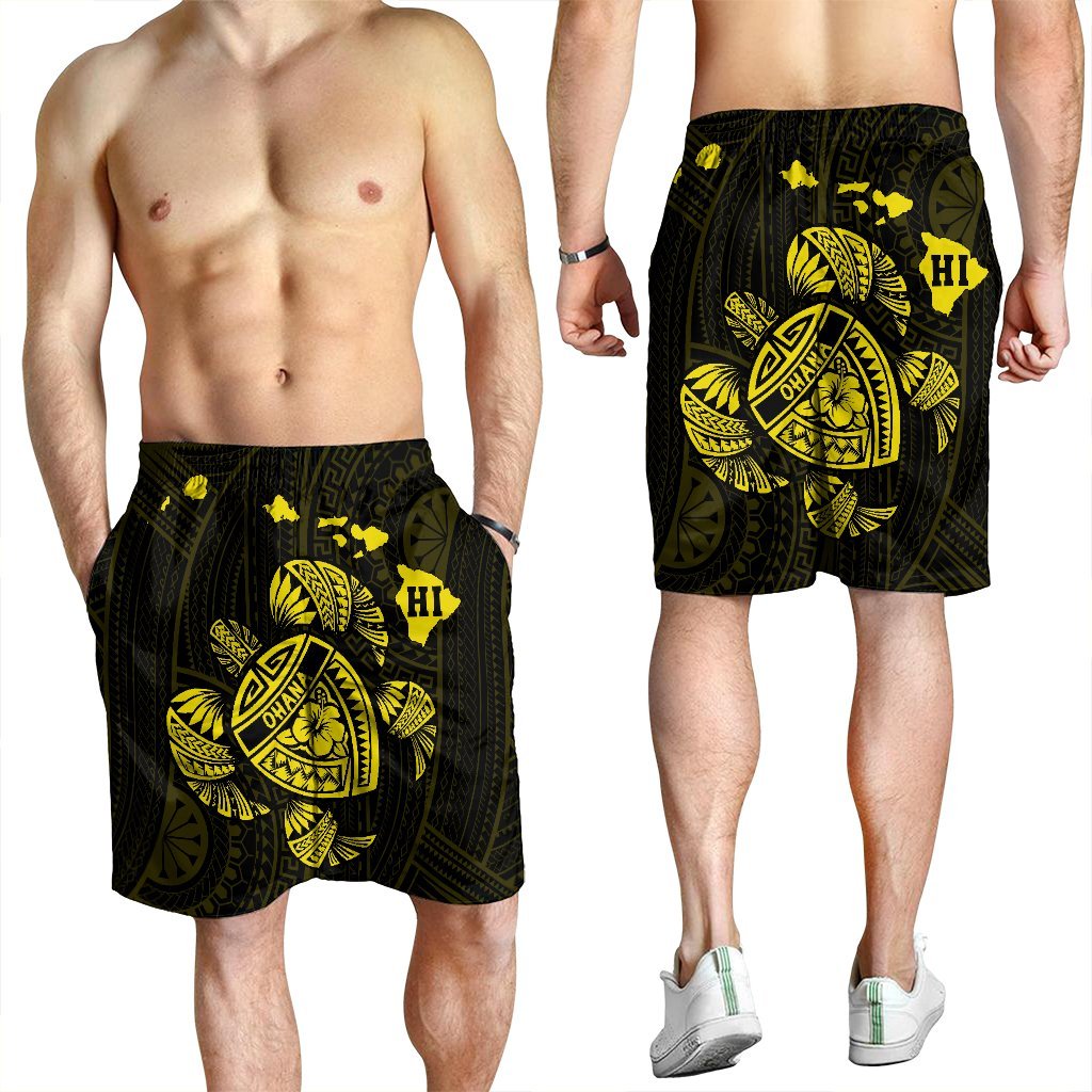 Hawaiian Map Turtle Ohana Hibicus Polynesian Men's Shorts - Yellow - AH - Polynesian Pride