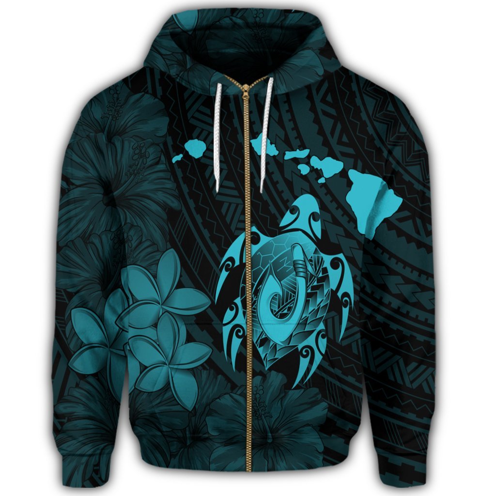 Hawaiian Map Turtle Plumeria Hibiscus Fish Hook Polynesian Zip Hoodie Blue - Polynesian Pride