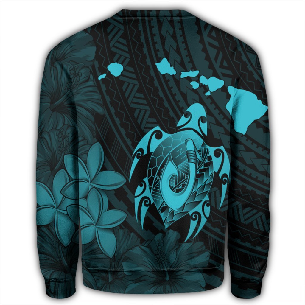 Hawaiian Map Turtle Plumeria Hibiscus Fish Hook Polynesian Sweatshirt Blue - AH - Polynesian Pride