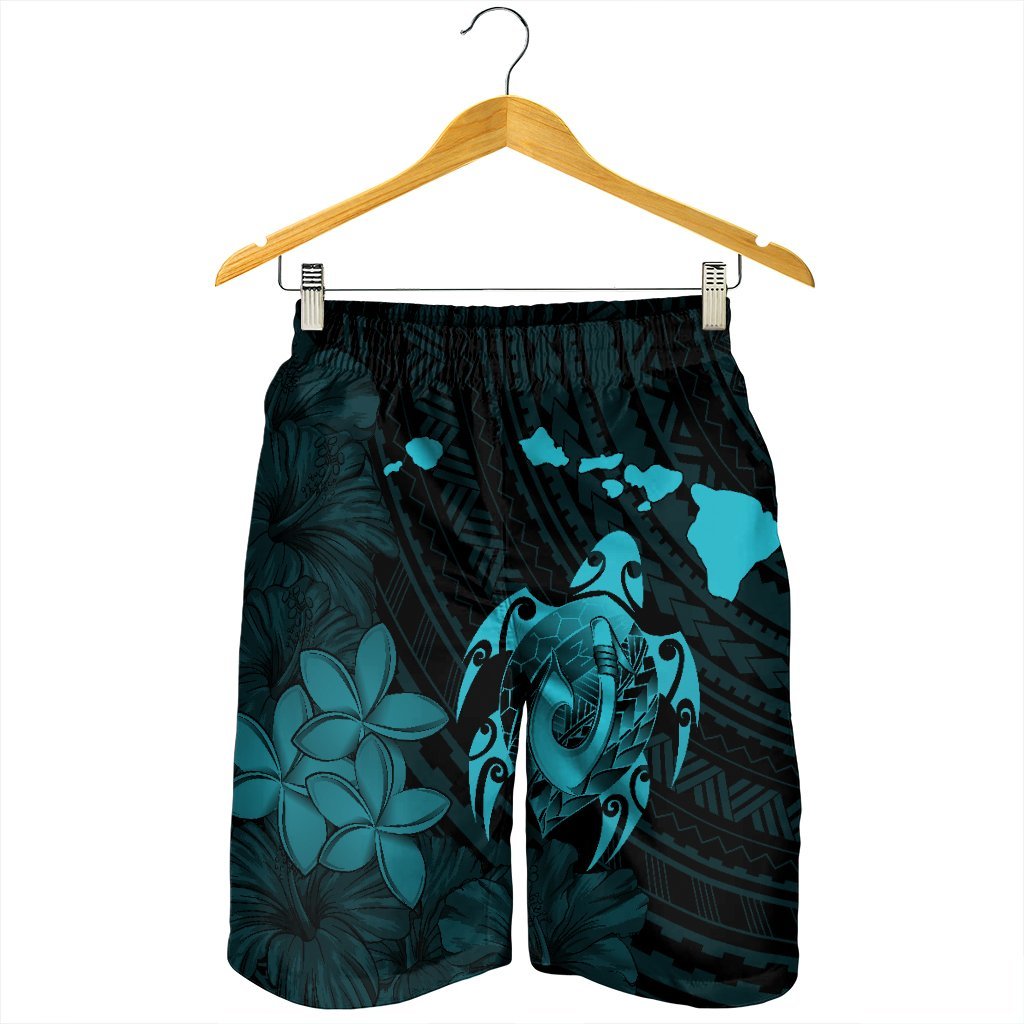 Hawaiian Map Turtle Plumeria Hibiscus Fish Hook Polynesian Men's Shorts Blue - AH - Polynesian Pride