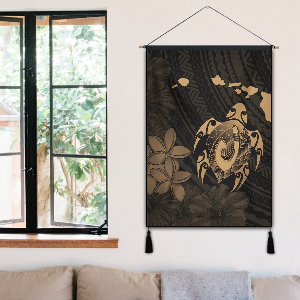 Hawaiian Map Turtle Plumeria Hibiscus Fish Hook Polynesian Hanging Poster Gold - AH - Polynesian Pride
