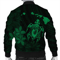 Hawaiian Map Turtle Plumeria Hibiscus Fish Hook Polynesian Bomber Jacket Green - AH - Polynesian Pride