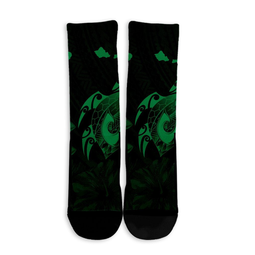 Hawaiian Map Turtle Plumeria Hibiscus Fish Hook Polynesian Crew Socks Green - AH - Polynesian Pride