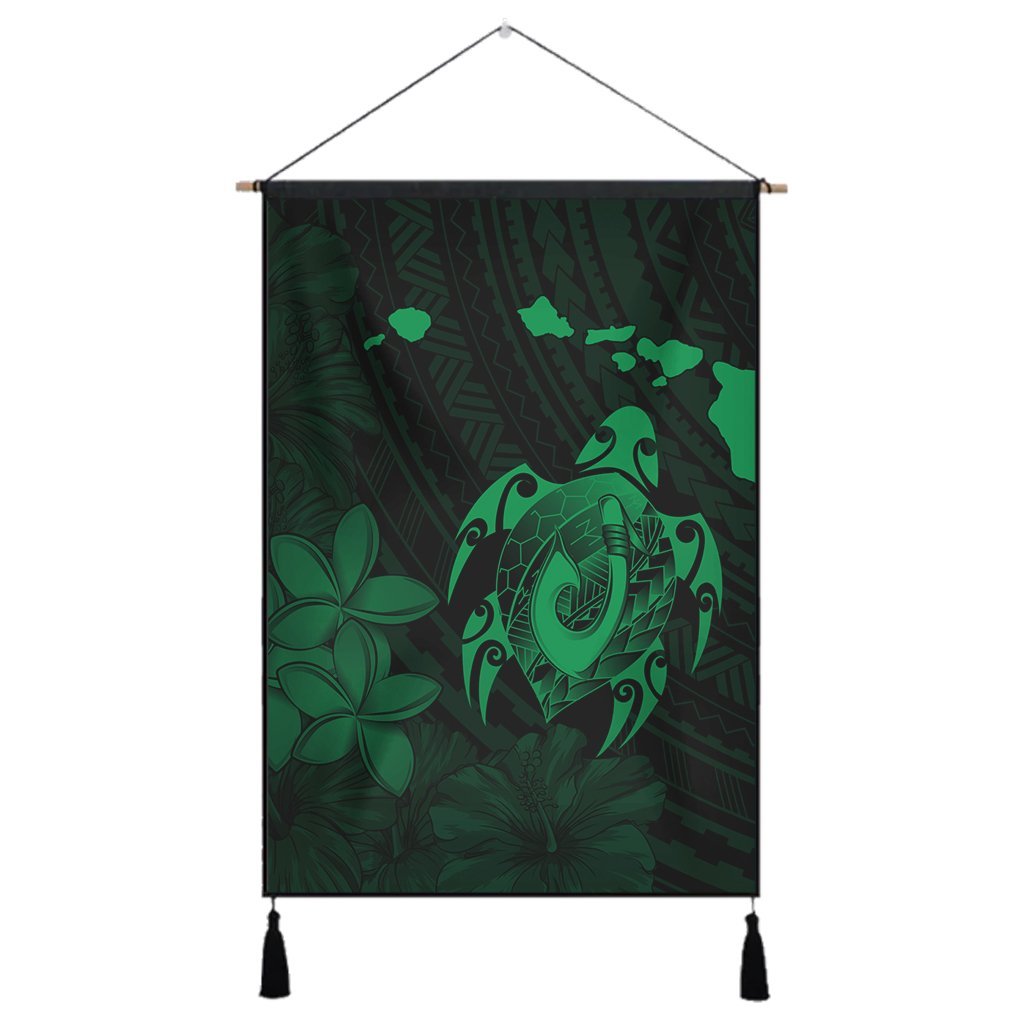 Hawaiian Map Turtle Plumeria Hibiscus Fish Hook Polynesian Hanging Poster Green - AH Hanging Poster Cotton And Linen - Polynesian Pride