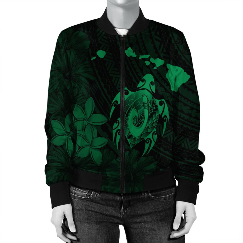 Hawaiian Map Turtle Plumeria Hibiscus Fish Hook Polynesian Bomber Jacket Green - AH - Polynesian Pride