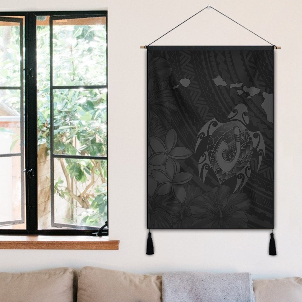 Hawaiian Map Turtle Plumeria Hibiscus Fish Hook Polynesian Hanging Poster Grey - AH - Polynesian Pride
