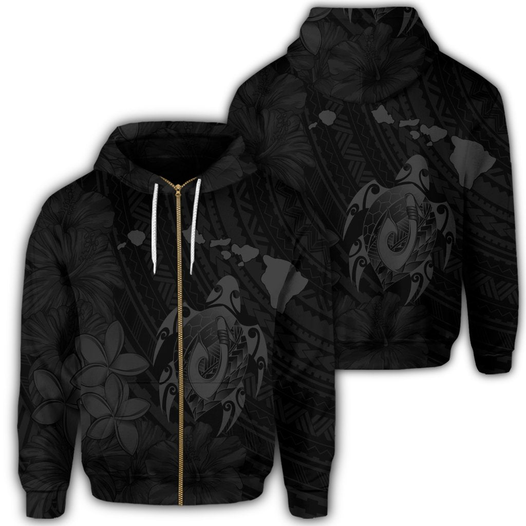 Hawaiian Map Turtle Plumeria Hibiscus Fish Hook Polynesian Zip Hoodie Grey Unisex Art - Polynesian Pride
